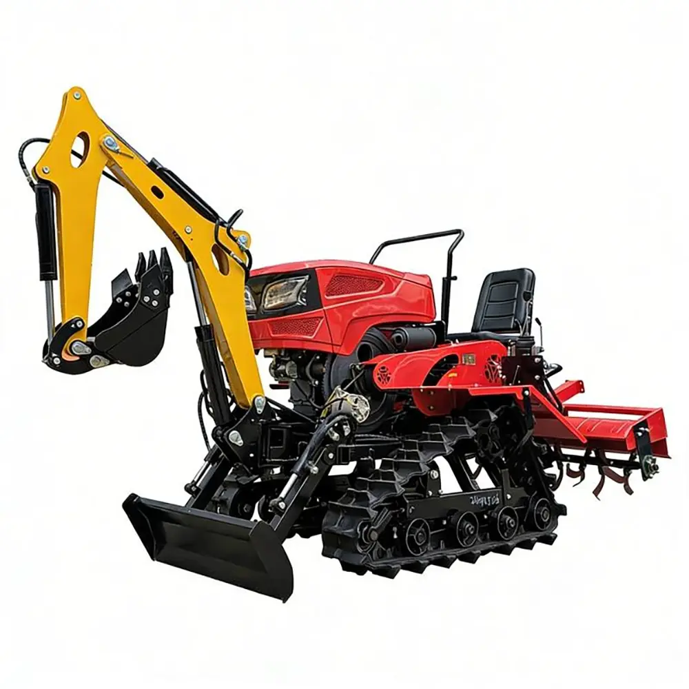 Crawler Tractor with Front Excavator and Agricultural Tiller
